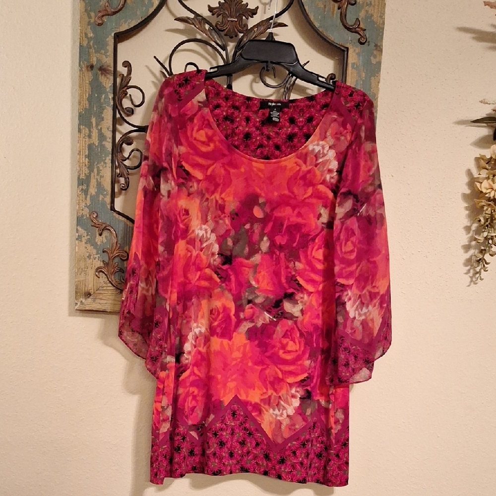 Style & Co Red and Pink Bell Sleeve Floral Dress Size SMALL
